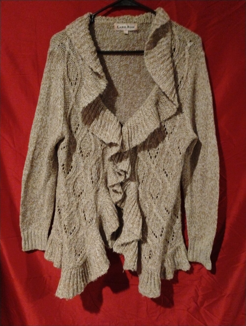 Carol Rose Ruffle Open Front Cardigan Crochet Loose Knit Sweater Beige Cream - L